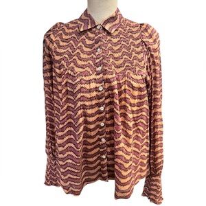 Oliphant Smocked Button Down Blouse Berry Zigzag Print Long Sleeve Cotton Voile